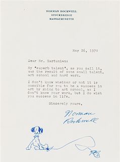 * ROCKWELL, Norman (1894-1978). Typed letter signed ("Norman Rockwell") with an original drawing, to Mr. Hartunian, 26 May 19