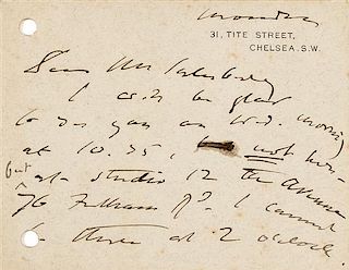 * SARGENT, John Singer. Autographed letter signed ("John S Sargent"), to Mr. Salisbury, London, Monday (n.d., but 1885 or lat