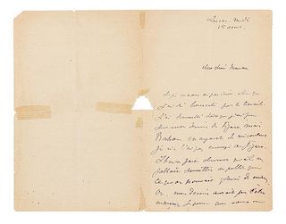 * TOULOUSE-LAUTREC, Henri de. Autographed letter signed ("Henri"), in French, to his mother, Lucas [a restaurant], 15 August,