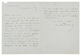 * DEBUSSY, Claude. Autographed letter signed ("Claude Debussy"), in French, to an unnamed recipient [possibly Louis Laloy], P