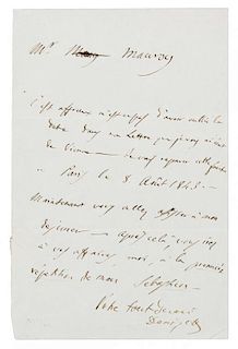 * DONIZETTI, Gaetano (1797-1848). Autograph letter signed ("Donizetti'), in French, to M. Mauroy. Paris, 8 August 1843.