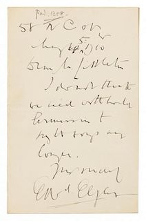 * ELGAR, Edward (1857-1934). Autograph letter signed ("Edrd. Elgar"), to Alfred Littleton. N[ew] C[avendish] St., 5 May 1910.