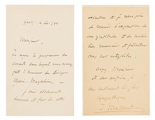 * MASSENET, Jules (1842-1912). Autograph letter signed ("J. Massenet"), in French, to an unnamed recipient. Paris, 4 December