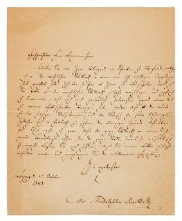 * MENDELSSOHN-BARTHOLDY, Felix. Autographed letter signed ("Felix Mendelssohn Bartholdy"), in German, Leipzig, 4 October 1843