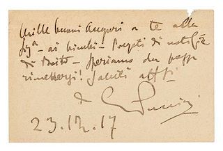 * PUCCINI, Giacomo (1858-1924). Autograph note signed ("G. Puccini"), in Italian, to Carlo Clausetti. N.p., 23 December 1917.
