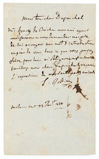 * ROSSINI, Gioacchino. Autographed letter signed ("G. Rossini"), to Duponchel, Director of the Paris Opera, Milan, 22 January