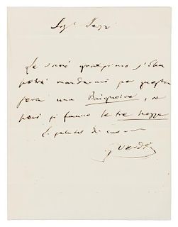* VERDI, Giuseppe (1813-1901). Autograph letter signed ("G. Verdi"), in Italian, to Signora [Esther?] Sezzi. [Paris], n.d. [c