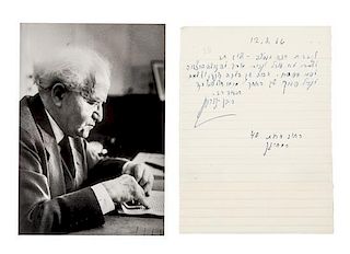 * BEN-GURION, David (1886-1973). Autograph letter signed, in Hebrew, to Hanna Bentov, 12 March 1966.