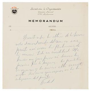 * CASTRO, Fidel (1927-2016). Autograph letter signed ("Fidel"), in Spanish, to an unnamed recipient. N.p., n.d. [c.1962].