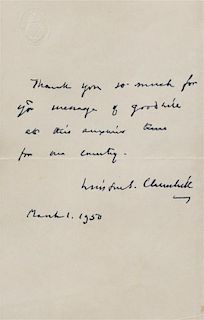 * CHURCHILL, Winston, Sir (1874-1965). Facsimile note ("Winston Churchill"). N.p., 1 March 1950. 