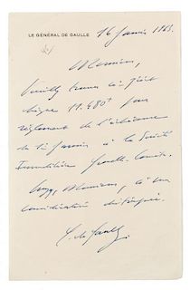 * DE GAULLE, Charles (1890-1970). Autograph letter signed ("C. de Gaulle"), in French, to an unnamed recipient. N.p., 16 Janu