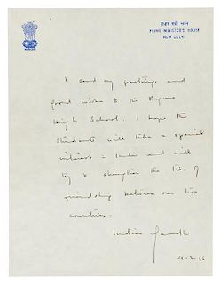 * GANDHI, Indira. Autographed letter signed ("Indira Gandhi"), as Prime Minister of India, to an unnamed recipient, New Delhi