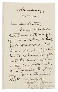 * OLMSTED, Frederick Law (1822-1903). Autograph letter signed ("Fred. Law Olmsted"), to Mrs. Vincenzo Botta. New York city, n