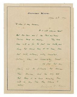 * KERN, Jerome (1885-1945). Autograph letter signed ("Jerome D. Kern"), in green ink, to an unnamed recipient. N.p., 20 Octob