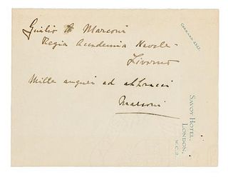 * MARCONI, Guglielmo (1874-1937). Autograph note signed ("Marconi"), in Italian, to his son Giulio. London, n.d.