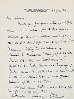 * NIMITZ, Chester W. (1885-1966). Autograph letter signed ("C.W. Nimitz"), to Henry. Yerba Buena Island, San Francisco, 28 Ju