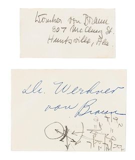 * VON BRAUN, Wernher (1912-1977). Autograph mathematical equation and diagram in pencil on place card. N.p., n.d.