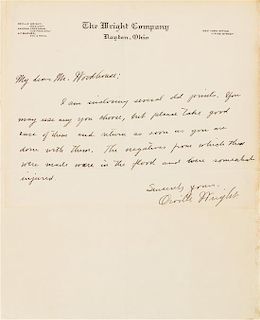 * WRIGHT, Orville (1871-1948). Autograph letter signed ("Orville Wright"), to Mr. Woodhouse. Dayton, Ohio, n.d.