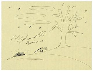 * ALI, Muhammad (1942-2016). Original drawing, in pen, depicting a tree and the horizon, on a yellow sheet of lined paper, si