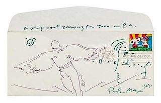 * MAX, Peter (b.1937). Original pen drawing on envelope with 1974 Expo stamp designed by Max on first day of issue, signed lo