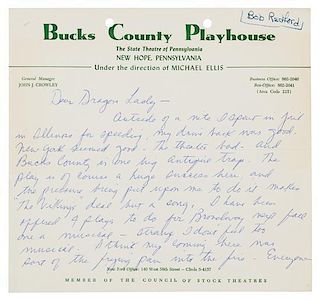 * REDFORD, Robert (b.1936). Autograph letter signed ("Robert"), to his agent Ms. Monique James. N.p., [ca 1961-1962].