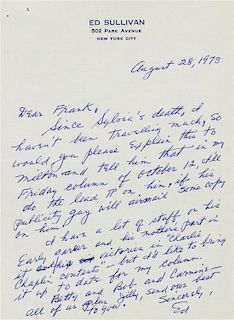 * SULLIVAN, Ed (1901-1975). Autograph letter signed ("Ed") to Frank Sinatra. New York City, 28 August 1973.
