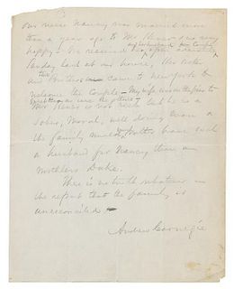 * CARNEGIE, Andrew. Partial Autographed letter signed ("Andrew Carnegie"), to an unnamed recipient, n.p., n.d. [but probably 