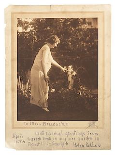 * KELLER, Helen (1880-1968). Photograph signed and inscribed on mount ("Helen Keller"), to Miss Brudsche, Forest Hills, NY, 1