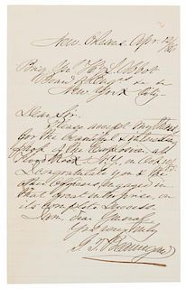 * BEAUREGARD, Pierre Gustave Toutant. Autographed letter signed ("G.T. Beauregard"), to ex-Union General Henry L. Abbot, 12 A
