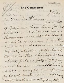 * BRYAN, William Jennings (1860-1925). Autograph letter signed ("W. J. Bryan"), to Mr. Thomas. Lincoln, Nebraska, 23 July [19
