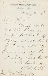 * ARTHUR, Chester A. (1830-1886). Autograph letter signed ("C.A. Arthur"), to John E. McElroy. New York, 8 May 1878.