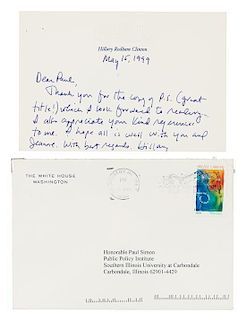 * CLINTON, Hillary Rodham. Autographed letter signed ("Hillary"), as First Lady, to Illinois Senator Paul Simon, Washington, 