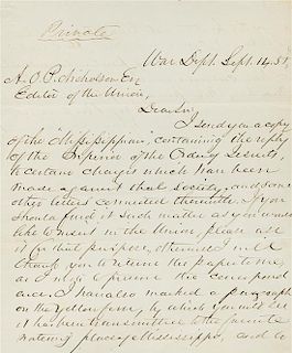 * DAVIS, Jefferson (1808-1889). Autographed letter signed ("Jefferson Davis"), as Secretary of War, to A.O. Nicholson, 14 Sep