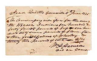 * HARRISON, William Henry. Autographed Document Signed ("W.H. Harrison/aid de camp"), to an unnamed recipient, Greeneville, 1