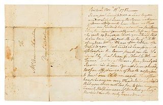 * HENRY, Patrick. Autographed letter signed ("P. Henry"), to his sister Anne Christian Dunkard Botton, Richmond, 13 November 
