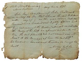 * JACKSON, Andrew (1767-1845). Early autographed document signed ("Andrew Jackson"), as solicitor of the Western District of 