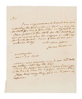 * MONROE, James. Autographed letter signed ("James Monroe"), as President, to an unnamed recipient, Washington, D.C., 20 Nove