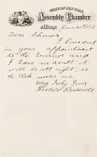 * ROOSEVELT, Theodore. Autographed letter signed ("Theodore Roosevelt"), as assemblyman, to James S. Lehmaier, Albany, 20 Jan