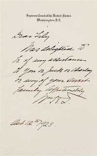 * TAFT, William Howard. Autographed letter signed ("Wm. H.T."), as Chief Justice of the Supreme Court, to Lily, Washington, D