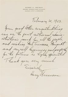 * TRUMAN, Harry S. (1884-1972). Autographed letter signed ("Harry Truman"), to Lucius Shepard, Kansas City, Missouri, 10 Febr