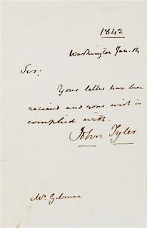 * TYLER, John (1790-1862). Autograph letter signed ("John Tyler"), as President, to Mr. Gilman. Washington, 14 January 1842.