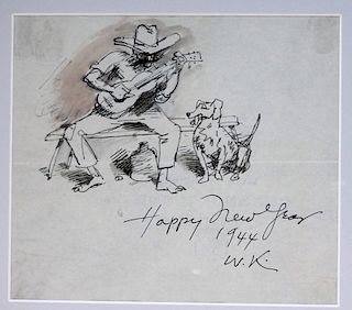 Walt Francis Kuhn WC & Ink Happy New Year Drawing