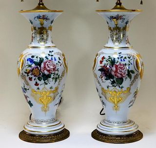 PR French Paris Porcelain Floral Decorated Lamps