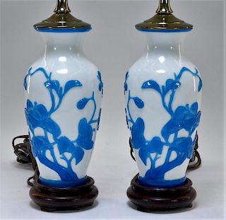 PR 19C. Chinese Peking Glass Blue Overlay Lamps