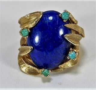 Euro Art Deco 14K Gold Lapis Lazuli Turquoise Ring