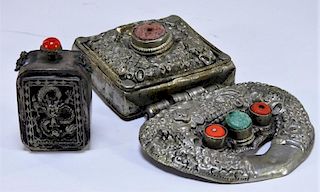 Tibetan Silver Alloy Hardstone Gao Box & Snuff