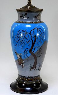 C.1900 Japanese Silver Wire Cloisonne Vase Lamp
