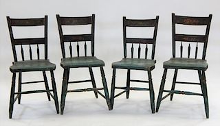 4 New England Green Painted Floral Decorated Chair