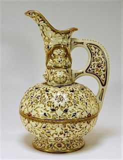 19C. Hungarian Zsolnay Glazed Ceramic Moorish Ewer