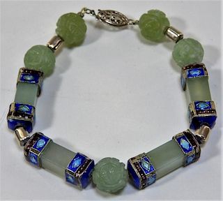Chinese Silver Enamel Celadon Jade Bracelet